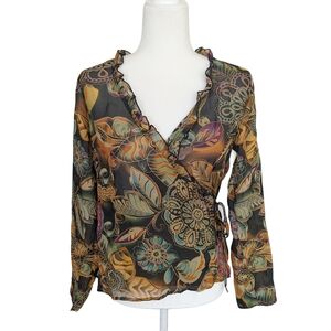 Cato Black Blue Autumn Floral Wrap Tie Long Sleeve Blouse Size Small